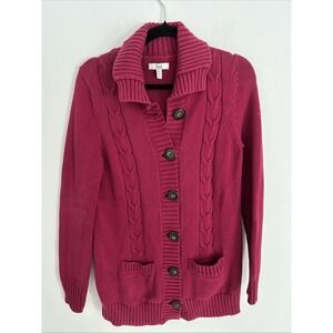 Bass Women's XL Cable Knit Red Wine Button Up Cardigan Sweater Pockets Mock Neck